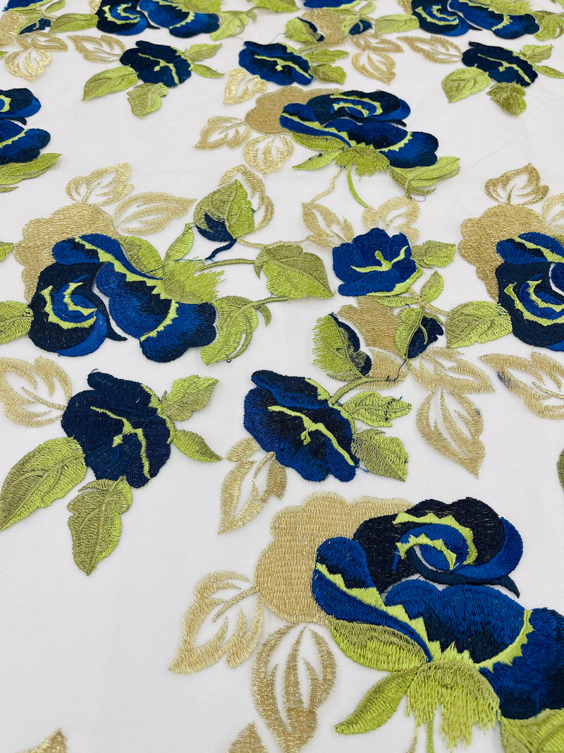 Royal Blue/Gold Floral and Leaves Embroidery on a Mesh Lace Fabric , Floral Bridal Lace Wedding Dress by the Yard (Pick a Size)
