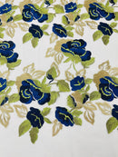 Royal Blue/Gold Floral and Leaves Embroidery on a Mesh Lace Fabric , Floral Bridal Lace Wedding Dress by the Yard (Pick a Size)
