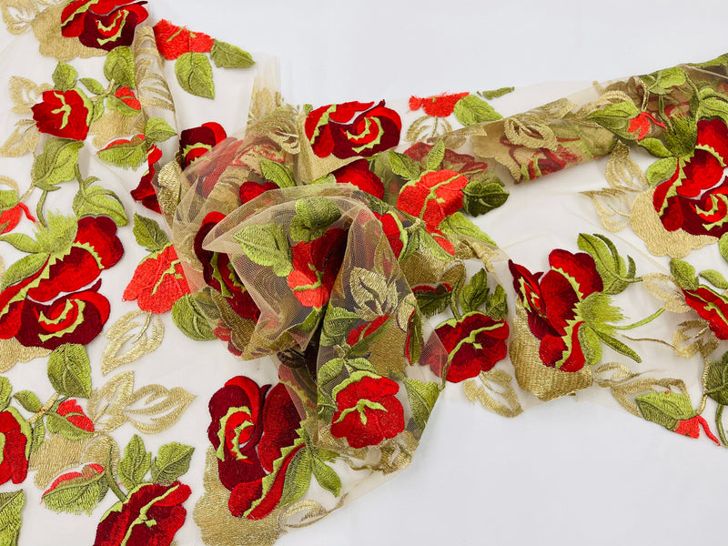 Red/Gold Floral and Leaves Embroidery on a Mesh Lace Fabric , Floral Bridal Lace Wedding Dress by the Yard (Pick a Size)