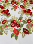 Red/Gold Floral and Leaves Embroidery on a Mesh Lace Fabric , Floral Bridal Lace Wedding Dress by the Yard (Pick a Size)