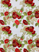 Red/Gold Floral and Leaves Embroidery on a Mesh Lace Fabric , Floral Bridal Lace Wedding Dress by the Yard (Pick a Size)