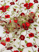 Red Floral and Leaves Embroidery on a Mesh Lace Fabric , Floral Bridal Lace Wedding Dress by the Yard (Pick a Size)