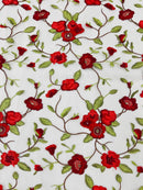 Red Floral and Leaves Embroidery on a Mesh Lace Fabric , Floral Bridal Lace Wedding Dress by the Yard (Pick a Size)