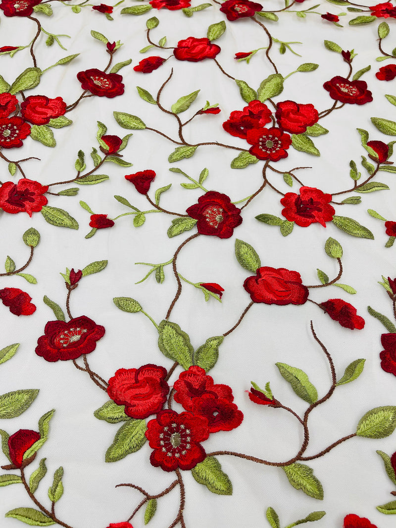 Red Floral and Leaves Embroidery on a Mesh Lace Fabric , Floral Bridal Lace Wedding Dress by the Yard (Pick a Size)