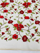 Red Floral and Leaves Embroidery on a Mesh Lace Fabric , Floral Bridal Lace Wedding Dress by the Yard (Pick a Size)