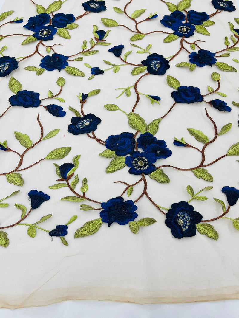 Royal Blue Floral and Leaves Embroidery on a Mesh Lace Fabric , Floral Bridal Lace Wedding Dress by the Yard (Pick a Size)