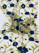 Royal Blue Floral and Leaves Embroidery on a Mesh Lace Fabric , Floral Bridal Lace Wedding Dress by the Yard (Pick a Size)
