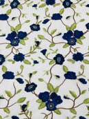 Royal Blue Floral and Leaves Embroidery on a Mesh Lace Fabric , Floral Bridal Lace Wedding Dress by the Yard (Pick a Size)
