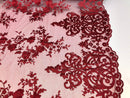 Burgundy Damask Design Embroidered on Mesh Lace Fabric, Floral Bridal Lace Wedding Dress by the Yard (Pick a Size)