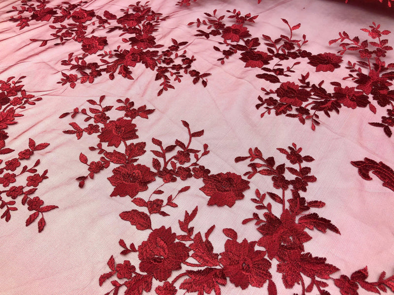 Burgundy Damask Design Embroidered on Mesh Lace Fabric, Floral Bridal Lace Wedding Dress by the Yard (Pick a Size)