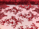 Burgundy Damask Design Embroidered on Mesh Lace Fabric, Floral Bridal Lace Wedding Dress by the Yard (Pick a Size)