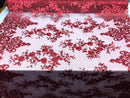 Burgundy Damask Design Embroidered on Mesh Lace Fabric, Floral Bridal Lace Wedding Dress by the Yard (Pick a Size)