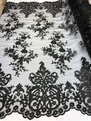 Black Damask Design Embroidered on Mesh Lace Fabric, Floral Bridal Lace Wedding Dress by the Yard (Pick a Size)