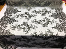 Black Damask Design Embroidered on Mesh Lace Fabric, Floral Bridal Lace Wedding Dress by the Yard (Pick a Size)