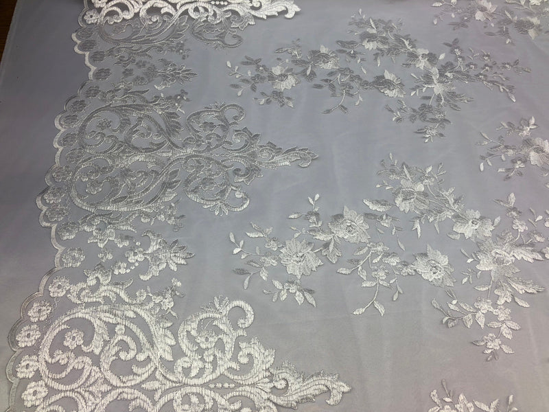 White Damask Design Embroidered on Mesh Lace Fabric, Floral Bridal Lace Wedding Dress by the Yard (Pick a Size)