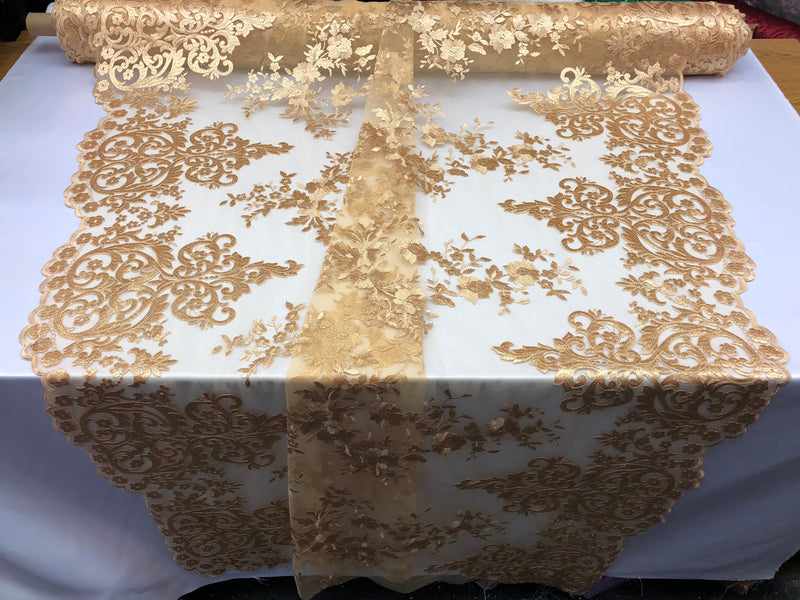 Gold Damask Design Embroidered on Mesh Lace Fabric, Floral Bridal Lace Wedding Dress by the Yard (Pick a Size)