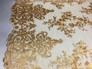 Gold Damask Design Embroidered on Mesh Lace Fabric, Floral Bridal Lace Wedding Dress by the Yard (Pick a Size)