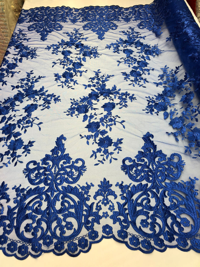 Royal Blue Damask Design Embroidered on Mesh Lace Fabric, Floral Bridal Lace Wedding Dress by the Yard (Pick a Size)