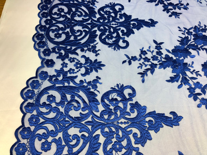 Royal Blue Damask Design Embroidered on Mesh Lace Fabric, Floral Bridal Lace Wedding Dress by the Yard (Pick a Size)