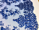 Royal Blue Damask Design Embroidered on Mesh Lace Fabric, Floral Bridal Lace Wedding Dress by the Yard (Pick a Size)