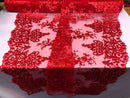 Red Damask Design Embroidered on Mesh Lace Fabric, Floral Bridal Lace Wedding Dress by the Yard (Pick a Size)