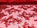 Red Damask Design Embroidered on Mesh Lace Fabric, Floral Bridal Lace Wedding Dress by the Yard (Pick a Size)
