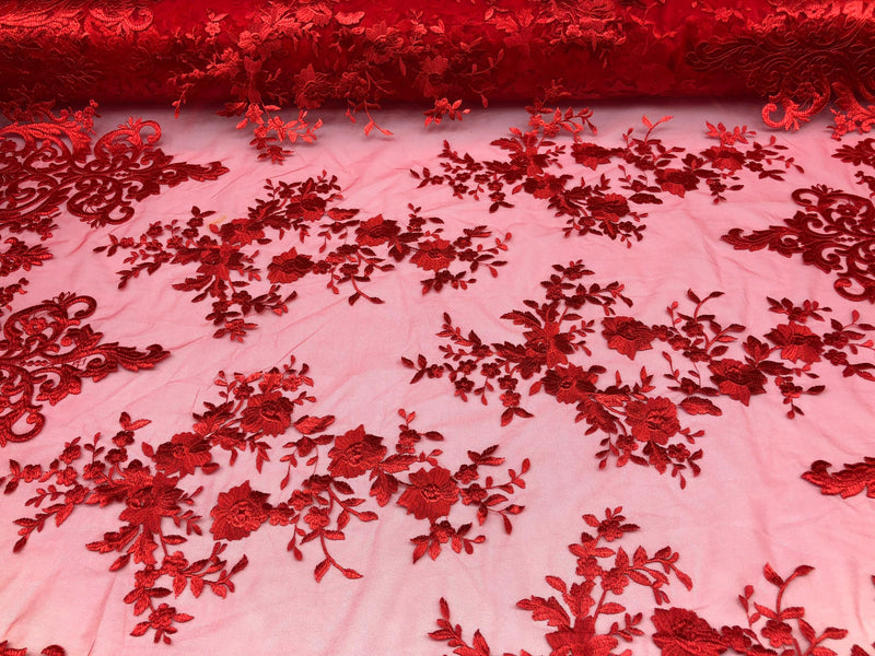 Red Damask Design Embroidered on Mesh Lace Fabric, Floral Bridal Lace Wedding Dress by the Yard (Pick a Size)