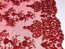 Red Damask Design Embroidered on Mesh Lace Fabric, Floral Bridal Lace Wedding Dress by the Yard (Pick a Size)