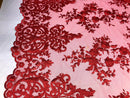 Red Damask Design Embroidered on Mesh Lace Fabric, Floral Bridal Lace Wedding Dress by the Yard (Pick a Size)
