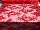 Red Damask Design Embroidered on Mesh Lace Fabric, Floral Bridal Lace Wedding Dress by the Yard (Pick a Size)