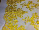 Yellow Damask Design Embroidered on Mesh Lace Fabric, Floral Bridal Lace Wedding Dress by the Yard (Pick a Size)
