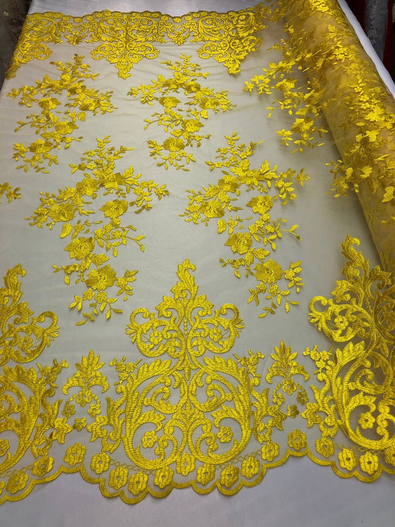 Yellow Damask Design Embroidered on Mesh Lace Fabric, Floral Bridal Lace Wedding Dress by the Yard (Pick a Size)