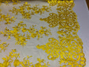 Yellow Damask Design Embroidered on Mesh Lace Fabric, Floral Bridal Lace Wedding Dress by the Yard (Pick a Size)