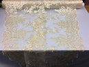 Cream/Ivory Damask Design Embroidered on Mesh Lace Fabric, Floral Bridal Lace Wedding Dress by the Yard (Pick a Size)