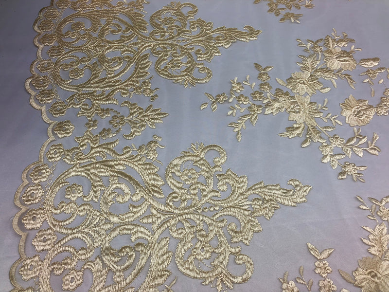 Cream/Ivory Damask Design Embroidered on Mesh Lace Fabric, Floral Bridal Lace Wedding Dress by the Yard (Pick a Size)