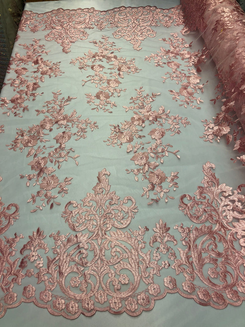 Candy Pink Damask Design Embroidered on Mesh Lace Fabric, Floral Bridal Lace Wedding Dress by the Yard (Pick a Size)