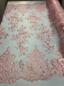Candy Pink Damask Design Embroidered on Mesh Lace Fabric, Floral Bridal Lace Wedding Dress by the Yard (Pick a Size)