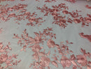 Candy Pink Damask Design Embroidered on Mesh Lace Fabric, Floral Bridal Lace Wedding Dress by the Yard (Pick a Size)