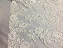 Ivory Flower Design Embroidered on Mesh Lace Fabric, Floral Bridal Lace Wedding Dress by the Yard (Pick a Size)