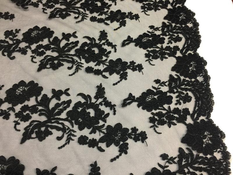 Black Flower Design Embroidered on Mesh Lace Fabric, Floral Bridal Lace Wedding Dress by the Yard (Pick a Size)