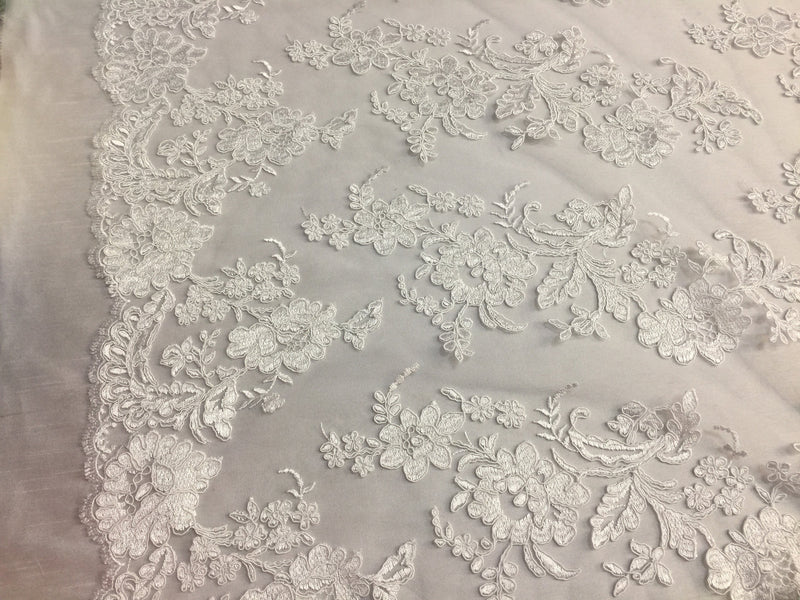 White Flower Design Embroidered on Mesh Lace Fabric, Floral Bridal Lace Wedding Dress by the Yard (Pick a Size)