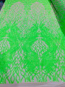 Neón Green Sequins Lace Fabric On Nude Mesh, DAMASK Design Embroidered on  Mesh 4 way Stretch Sequin By Yard -Prom-Gown ( Choose The Size )