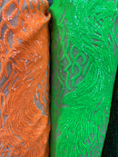 Neón Green Sequins Lace Fabric On Nude Mesh, DAMASK Design Embroidered on  Mesh 4 way Stretch Sequin By Yard -Prom-Gown ( Choose The Size )