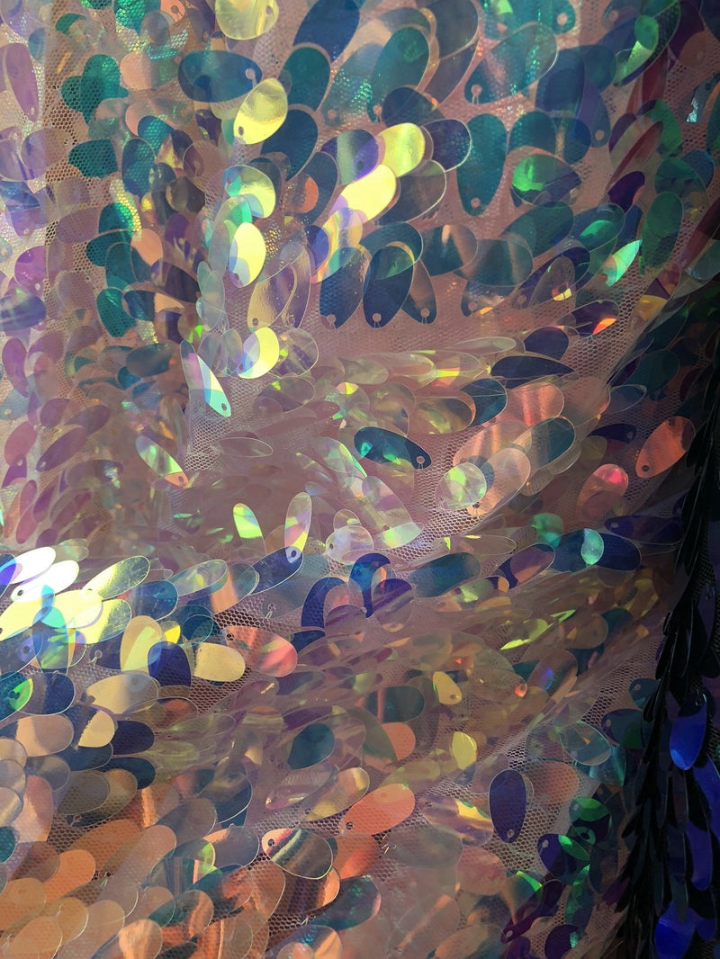 Iridescent Hologram Oval Tear Drop Sequins Fabric - Iridescent Clear  - Mermaid Fabrics Dresses-Nightgowns-Prom Gown (Pick a Size)