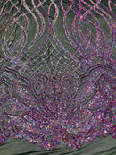 Holographic Sequin on Black Mesh Embroidered With Sequins Fabric 4 Way Stretch Wavy Line Sequins Design Sequin Fabric Mesh, Prom-Gown By the