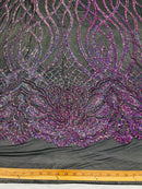 Holographic Sequin on Black Mesh Embroidered With Sequins Fabric 4 Way Stretch Wavy Line Sequins Design Sequin Fabric Mesh, Prom-Gown By the