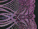 Holographic Sequin on Black Mesh Embroidered With Sequins Fabric 4 Way Stretch Wavy Line Sequins Design Sequin Fabric Mesh, Prom-Gown By the