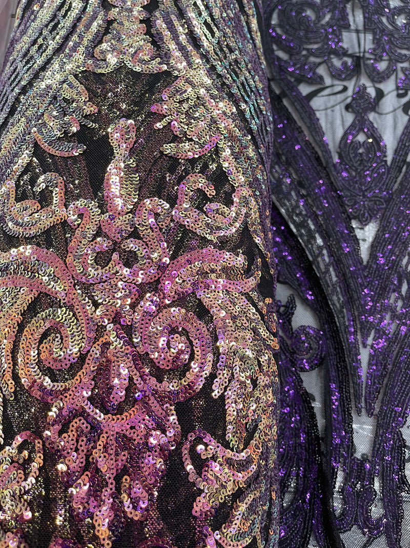 Iridescent Purple Sequins Fabric, Damask Design 4 Way Stretch Sequin Fabric on a Spandex Mesh-Prom-Gown By The Yard
