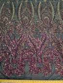 Iridescent Purple Sequins Fabric, Damask Design 4 Way Stretch Sequin Fabric on a Spandex Mesh-Prom-Gown By The Yard