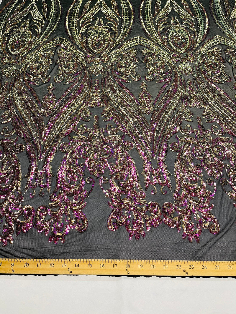 Iridescent Purple Sequins Fabric, Damask Design 4 Way Stretch Sequin Fabric on a Spandex Mesh-Prom-Gown By The Yard